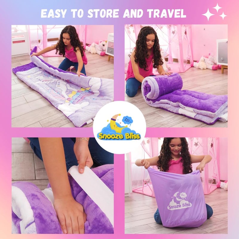 Snooze Bliss حقيبة نوم يونيكورن للأطفال - أكياس نوم للأطفال تتوهج في الظلام تمثل هدايا يونيكورن ممتعة للفتيات. مثالية لحفلات النوم والتخييم من القطيفة لمرحلة ما قبل المدرسة مع جيب وسادة متوهج لمدة 8+ ساعات - Image 5